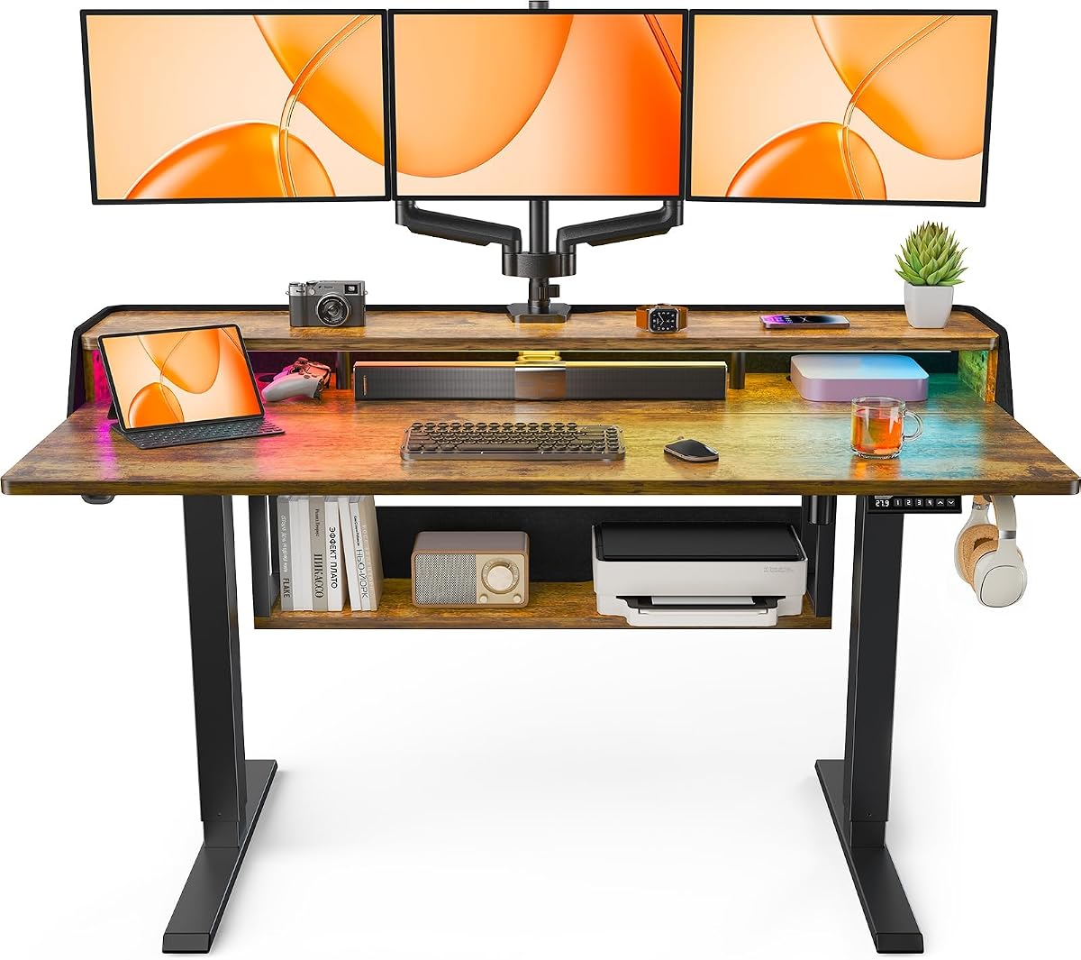 Standing Desk with Bookshelf and Monitor Stand, 55 x 28 in