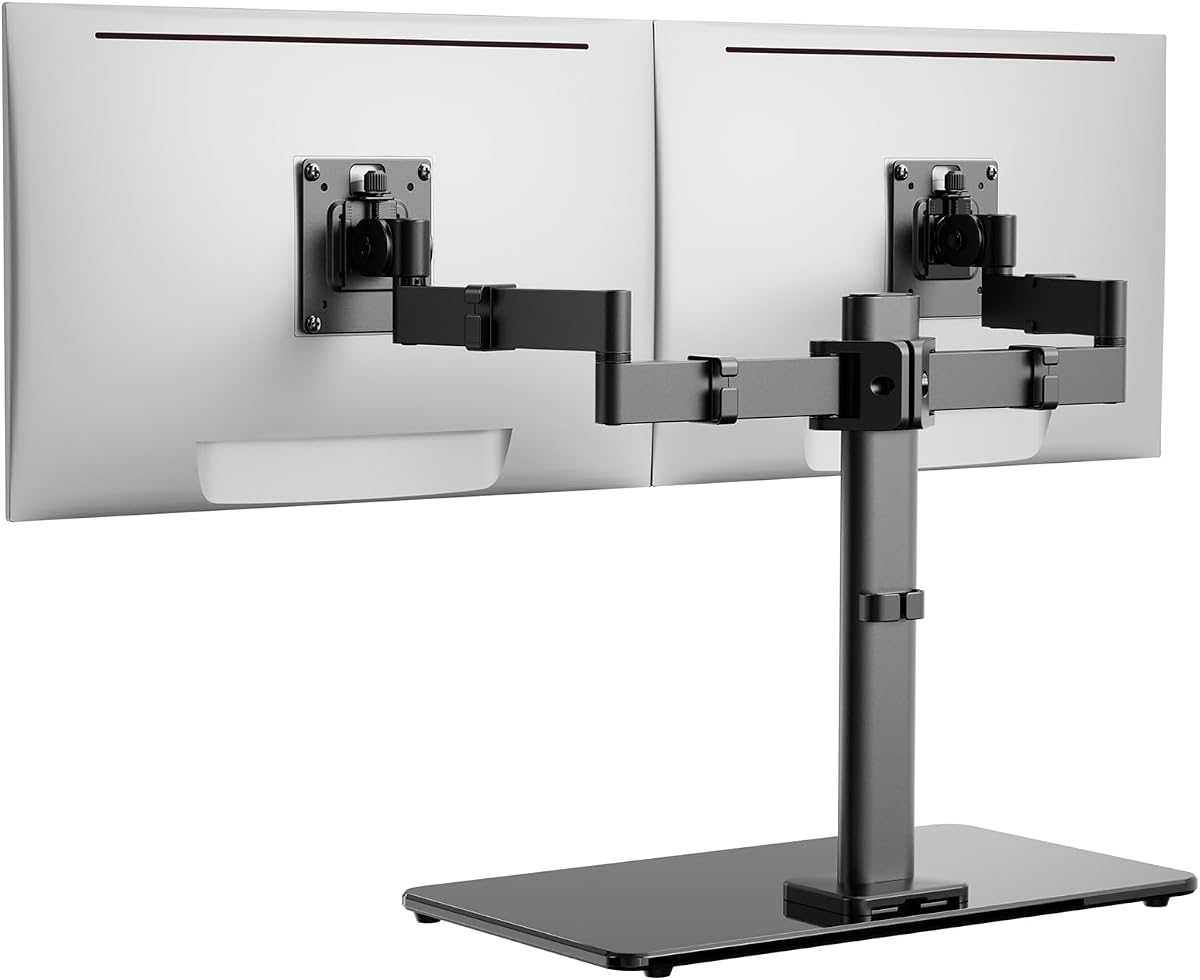 Freestanding Dual Monitor Stand with Tempered Glass Base