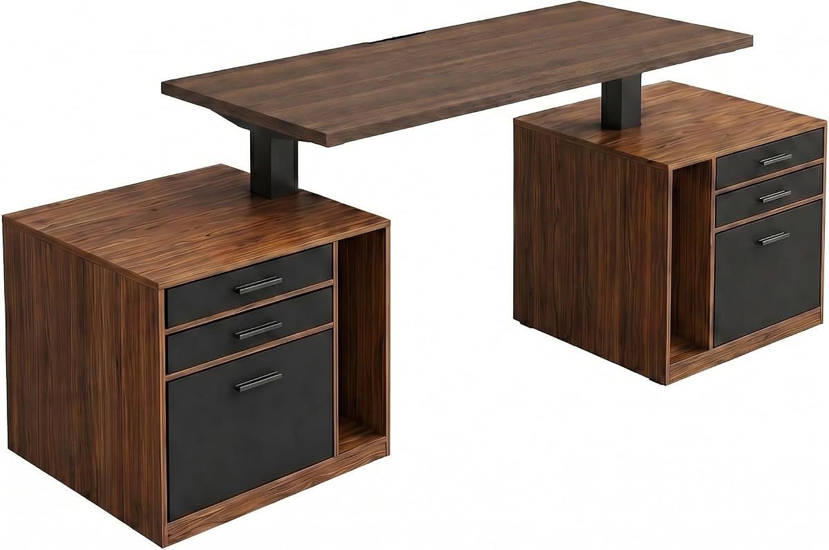 Executive Standing Desk with Two File Cabinets, 55 x 28 in - Walnut