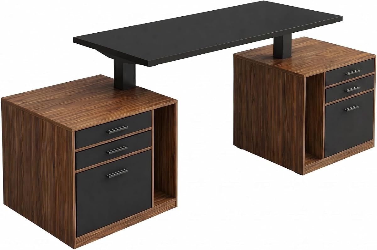 Executive Standing Desk with Two File Cabinets, 71 x 30 in - Black