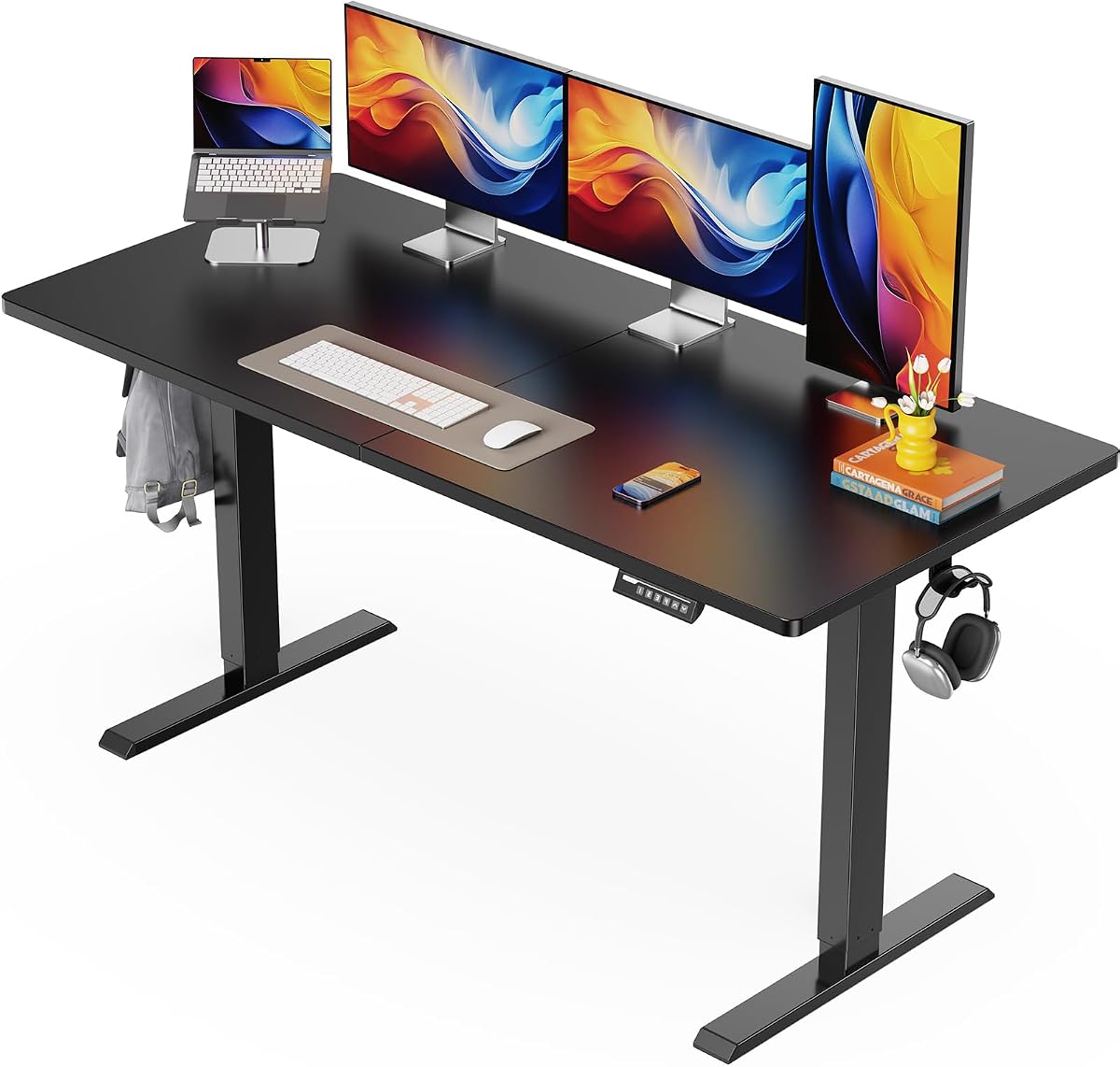 Electric Standing Desk, 55 x 28 in, Two-Piece Top - Black